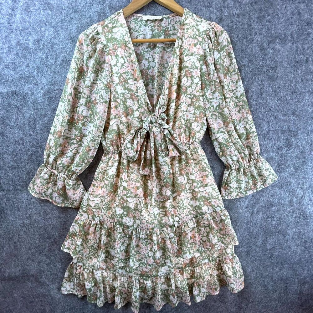 ILLA ILLA Dress S Knotted Front Ruffle Hem Sheer Cutout Peasant‎ Cottage Fairy